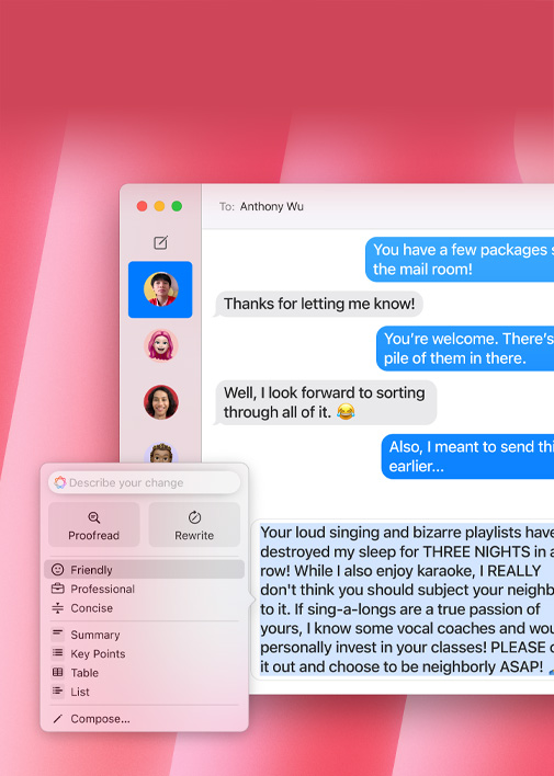 Démonstration des outils d’écriture. Un texto dans Messages se transforme en version plus amicale grâce à l’option de ton Cordial.