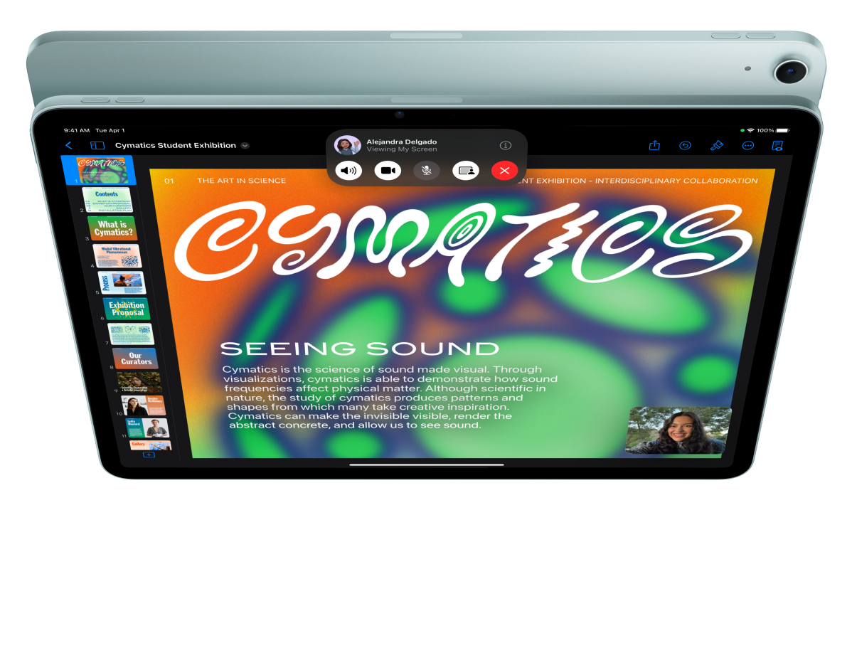iPad Air, Vorderansicht, FaceTime und Keynote sind geöffnet, dahinter die Rückseite eines anderen iPad Air