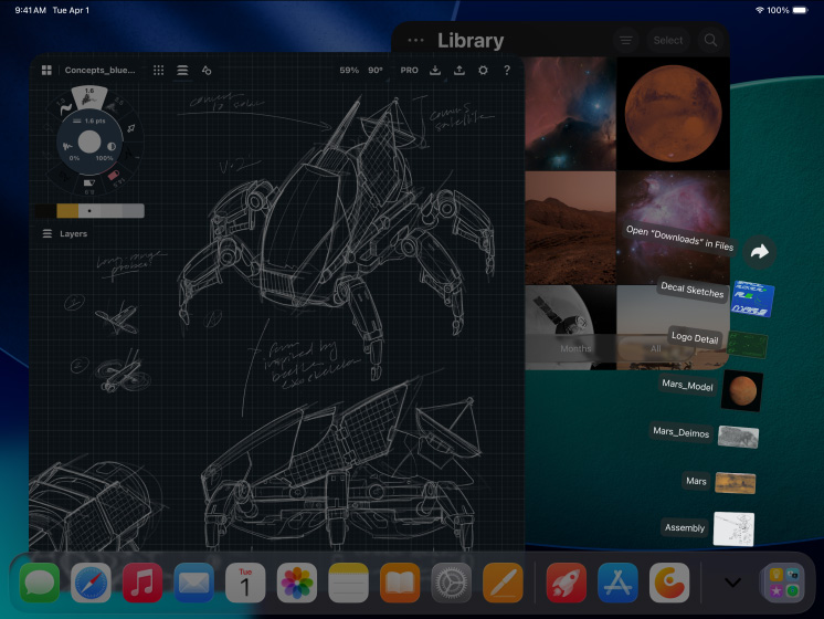 3 iPad Pro, face avant, orientation paysage, noir sidéral, Apple Pencil Pro au-dessus d’un iPad Pro, 3 écrans affichant une app de retouche traitant des photos d’un modèle sur fond rouge, des croquis de designs mécaniques avec des outils d’ajustement des couleurs, une photothèque, des fichiers en éventail dans le dossier Téléchargements, un logiciel de modélisation 3D avec des formes géométriques, des annotations manuscrites et des formules