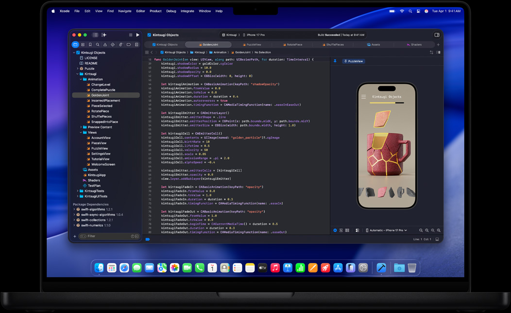 Écran d’un MacBook Pro montrant la création d’une app dans Xcode