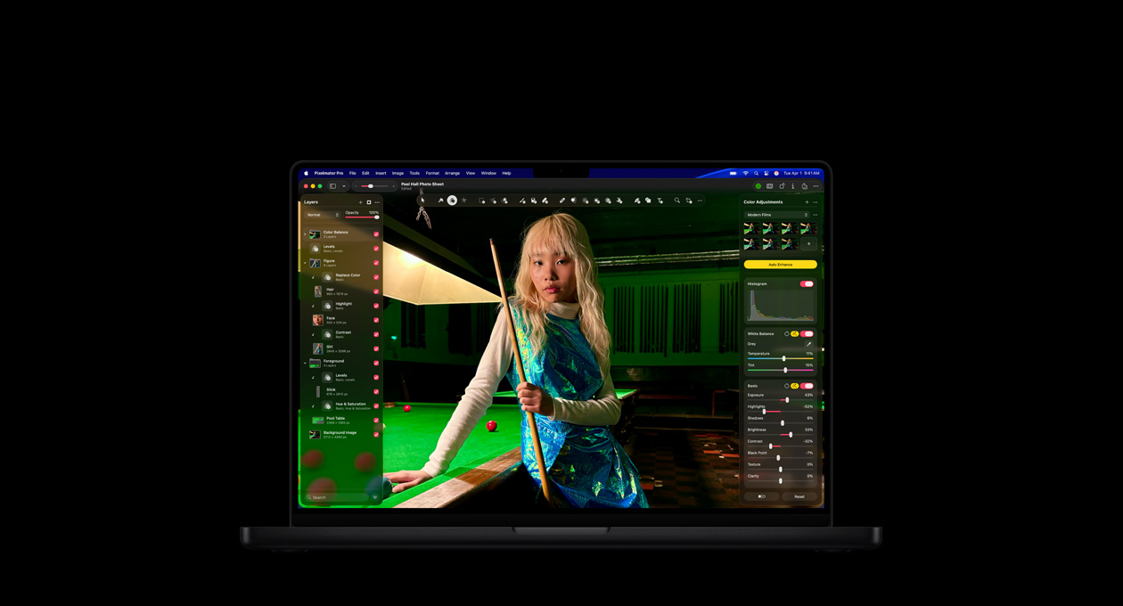 MacBook Pro 16 screen, photo of woman in pool hall, color adjustment tools
